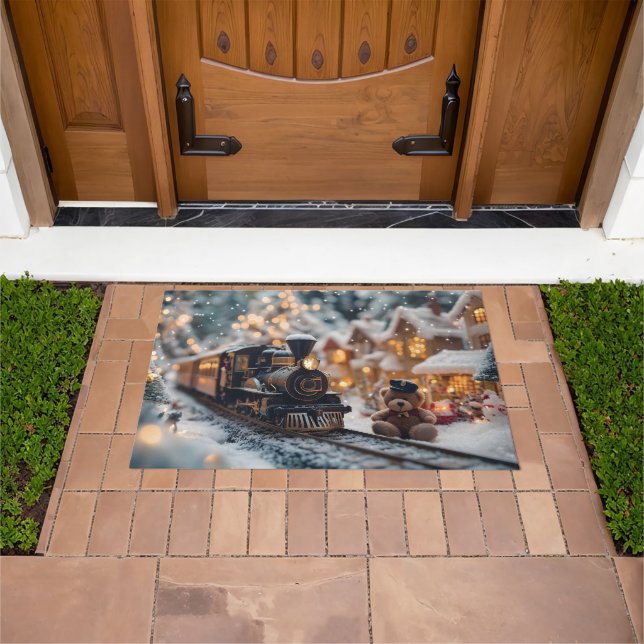 Magical Christmas Train Scene with Teddy Bear  Doormat (Outdoor)