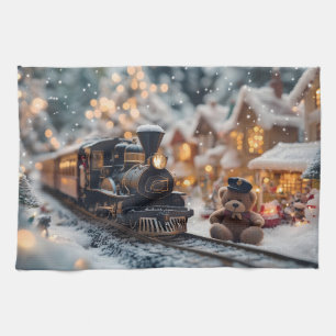 Magical Christmas Train Scene with Teddy Bear Tea Towel