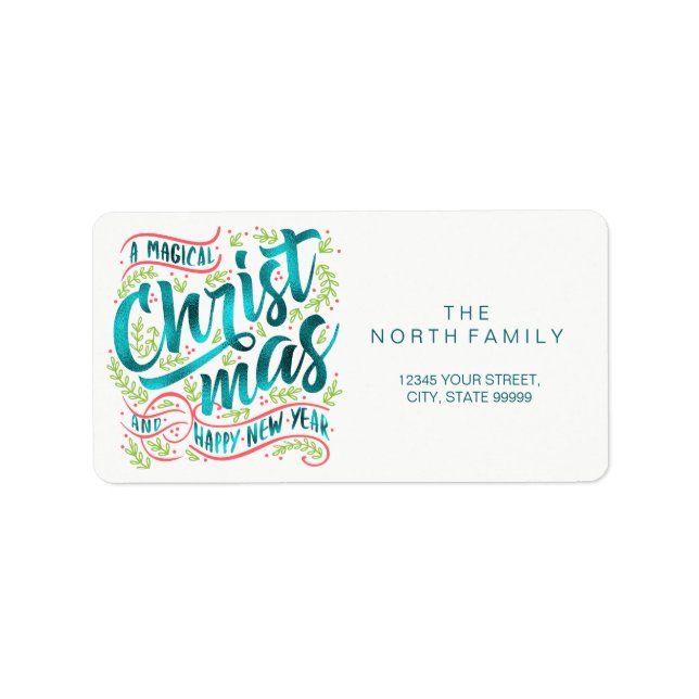 Magical Christmas Typography Square Teal ID441 Label (Front)