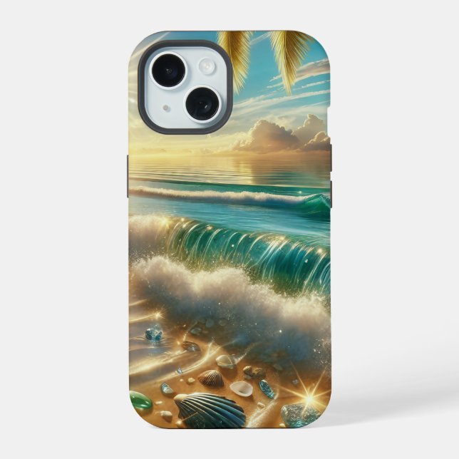 Magical Coastline with Blue Waves and Sea Glass iPhone 15 Case (Back)