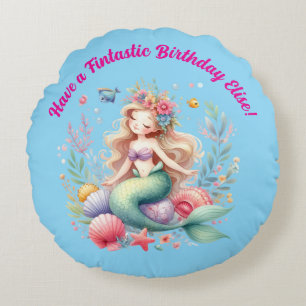 Magical colourful Mermaid Fintastic Birthday Gift Round Cushion