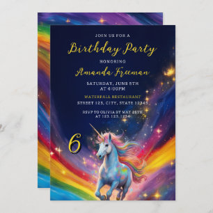 Magical Colourful Rainbow Unicorn 6th Birthday Invitation