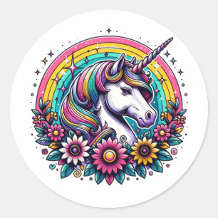 Magical Colourful Unicorn and Rainbow Classic Round Sticker
