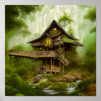 Magical Cottage House in greenery Scene Forest Poster
