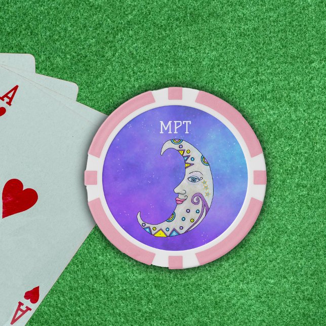 Magical Crescent Moon Abstract Decorations Face Poker Chips (White Crescent moon with face abstract shapes in purple, yellow, blue on purple sky poker chips.)