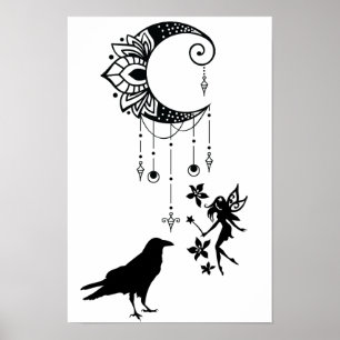Magical Crescent Moon, Fairy and Crow Fantasy Poster