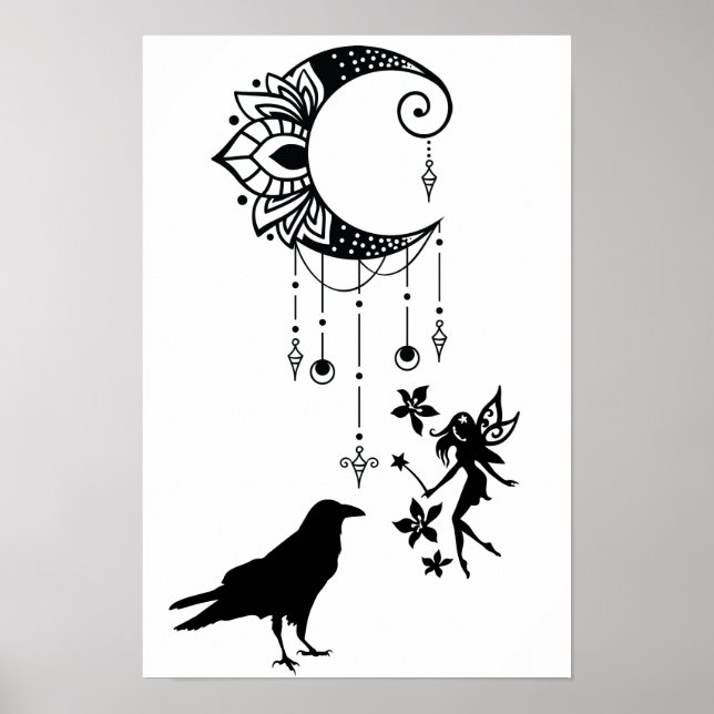 Magical Crescent Moon, Fairy and Crow Fantasy Poster (Front)