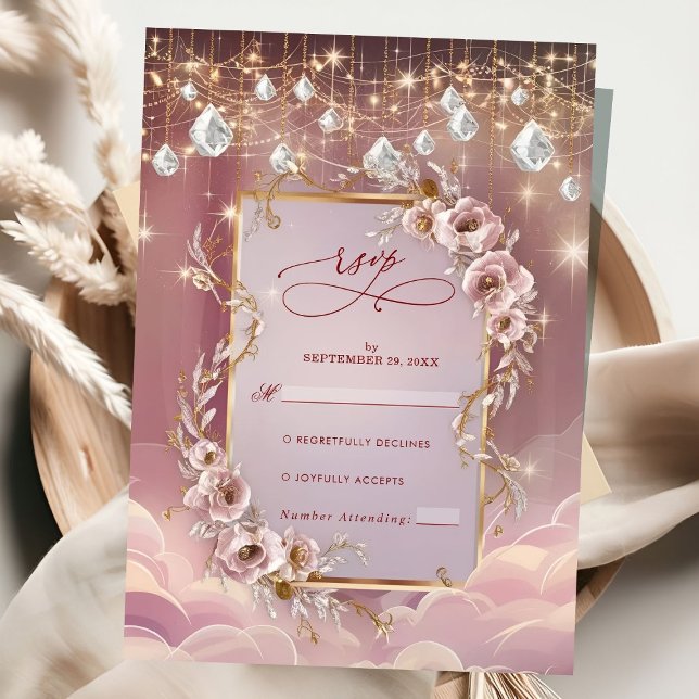 Magical Crystal Drops Gold Accent Wedding RSVP Card (Creator Uploaded)
