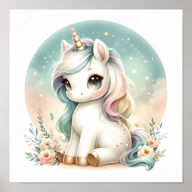 Magical Cute Kawaii Unicorn Floral Nursery Kids Poster (Front)