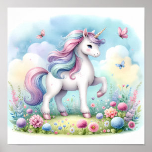 Magical Cute Kawaii Unicorn Floral Poster