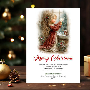 Magical Cute Little Girl Christmas Scene Holiday Card