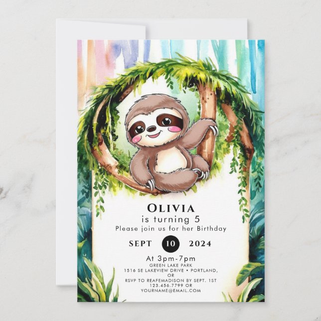 Magical Cute Sloth Birthday Invitation (Front)