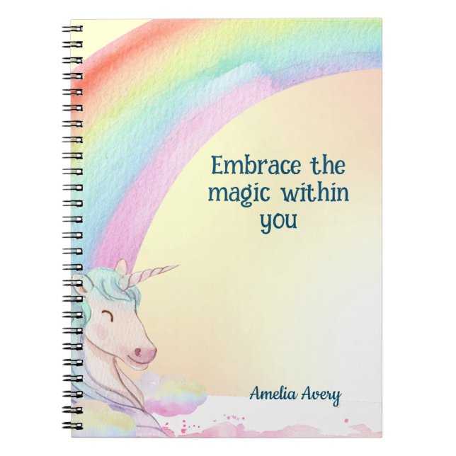 Magical cute Unicorn & rainbow name personalised Notebook (Front)