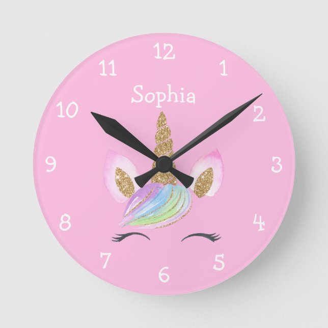 Magical Cute Unicorn Rainbow Personalised Girl Round Clock (Front)