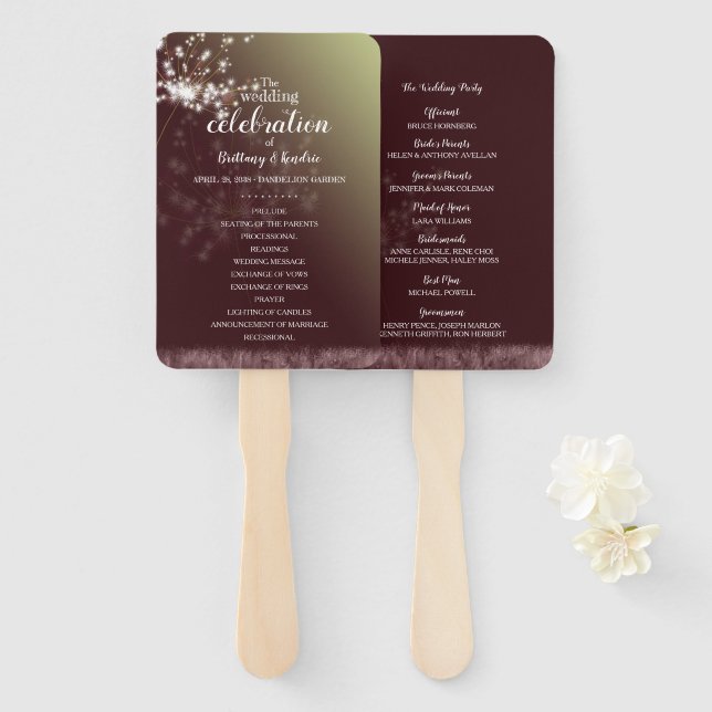 Magical Dandelions Burgundy Wedding Program Hand Fan (Front and Back)