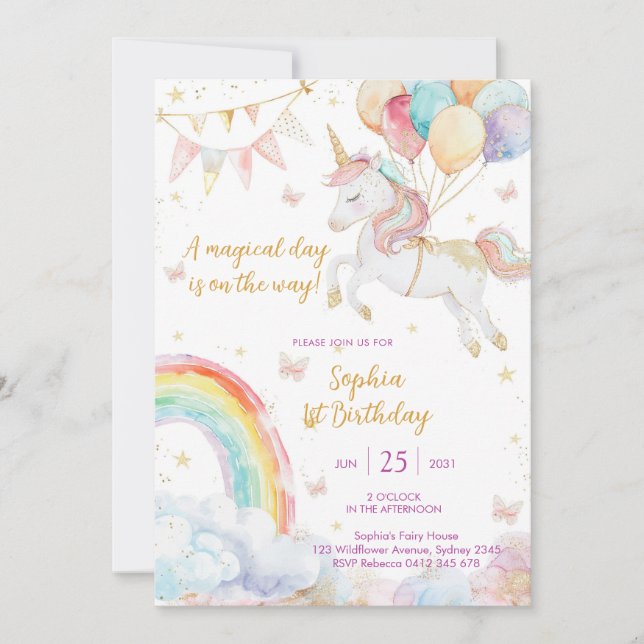 Magical Day Unicorn and Rainbows Birthday Invitati Invitation (Front)