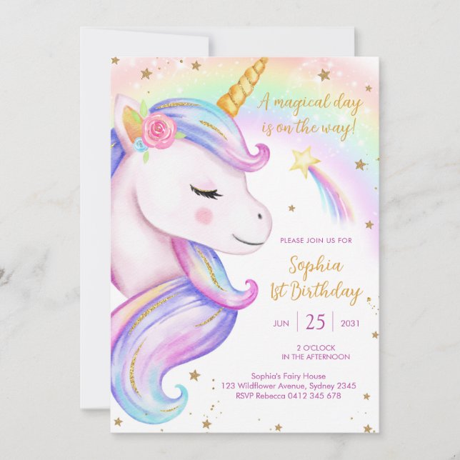 Magical Day Unicorn and Rainbows Birthday Invitation (Front)