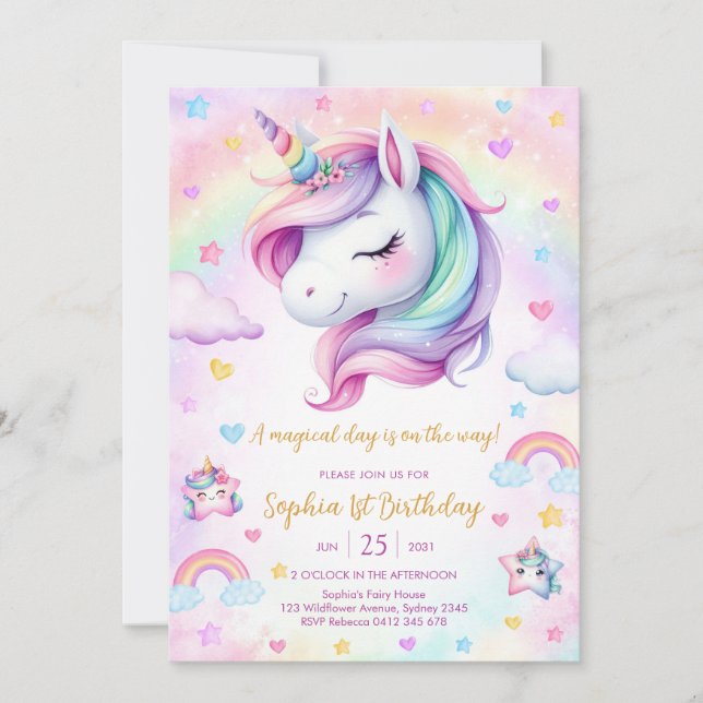 Magical Day Unicorn and Rainbows Birthday Invitation (Front)