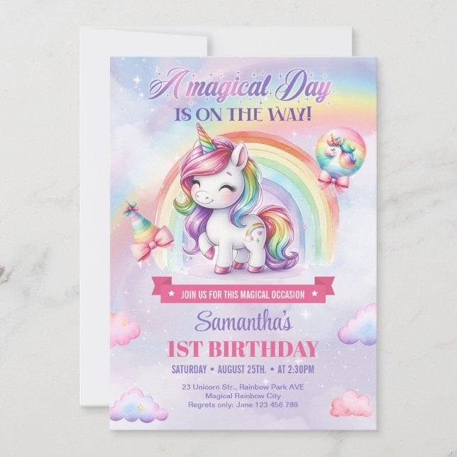 Magical Day Unicorn and Rainbows first Birthday Invitation (Front)