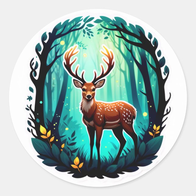 Magical Deer Woodland Classic Round Sticker (Front)