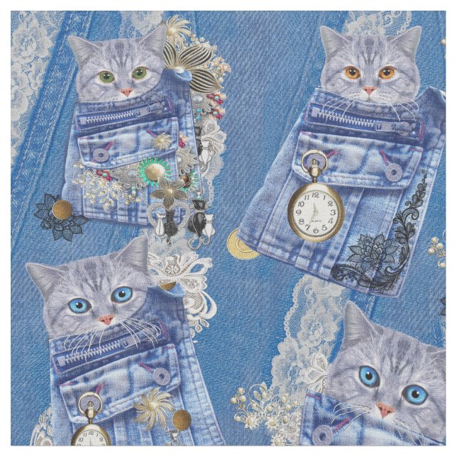 Magical Denim pockets & kittens Fabric (Close Up)