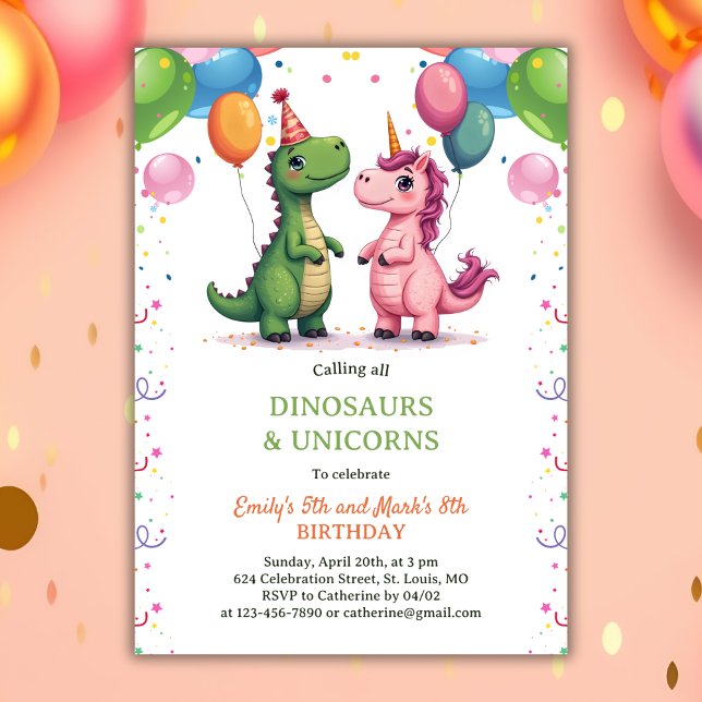 Magical Dinosaur & Unicorn Joint Kids Birthday Invitation (Magical Dinosaur & Unicorn Joint Kids Birthday Invitation)