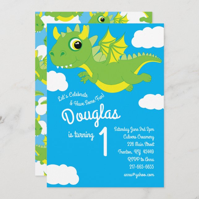 Magical Dragon 1st Birthday Cute Invitations (Front/Back)