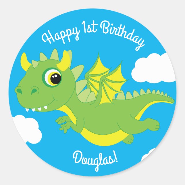 Magical Dragon  Cute 1st Birthday Sticker Seals (Front)