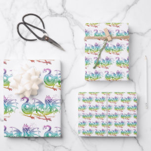 Magical Dragon Pastel Pattern Theme Wrapping Paper Sheet