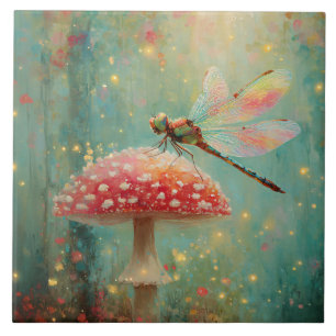 Magical Dragonfly on a Mushroom Ceramic Tile