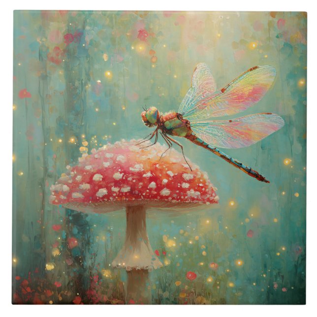 Magical Dragonfly on a Mushroom Ceramic Tile (Front)