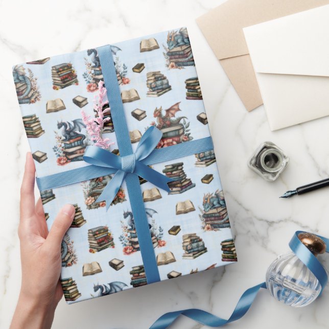 Magical Dragons & Books on Light Blue Wrapping Paper (Gifting)
