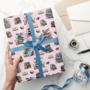 Magical Dragons & Books on Light Pink Wrapping Paper