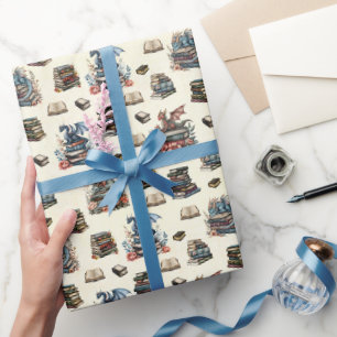 Magical Dragons & Books on Light Yellow Wrapping Paper