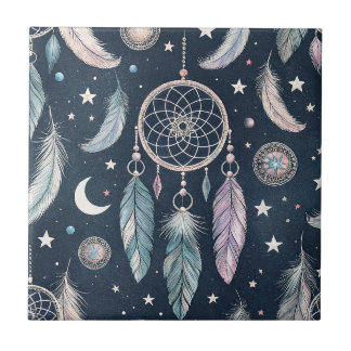Magical Dreamcatcher Feather Midnight Sky Design Ceramic Tile