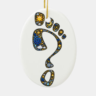 Magical emoji-art Kokopelli and question footprint Ceramic Tree Decoration