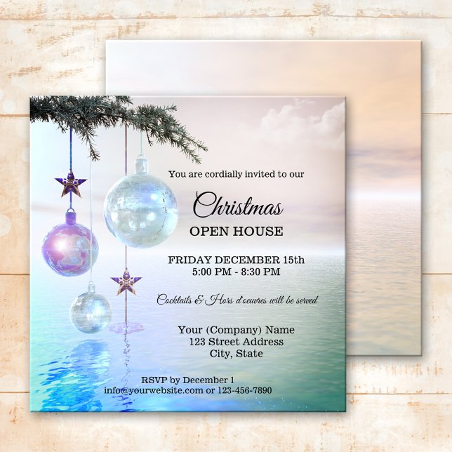 Magical Enchanted Christmas Party Open House Invitation (Modern Christmas Holiday party invitation featuring festive sparkling Christmas baubles on an ocean)