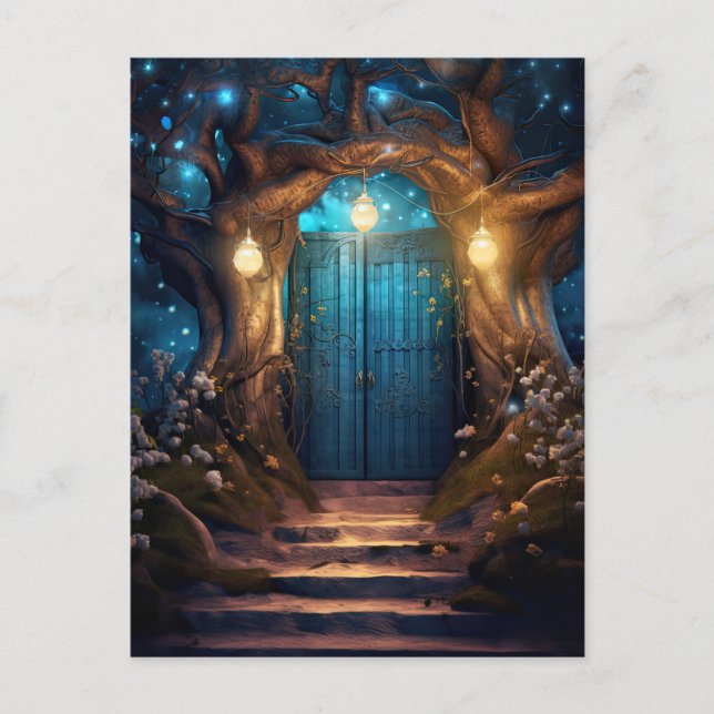 Magical Enchanted Fantasy Forest Old Blue Door Postcard (Front)