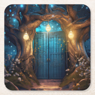 Magical Enchanted Forest Fantasy Antique Door Square Paper Coaster