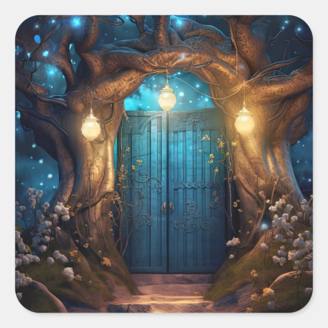 Magical Enchanted Forest Fantasy Antique Door Square Sticker (Front)