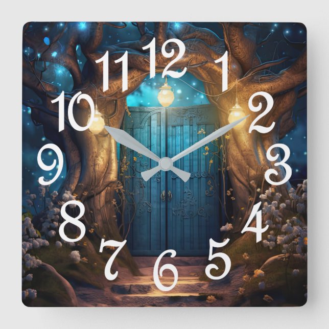 Magical Enchanted Forest Fantasy Antique Door Square Wall Clock (Front)