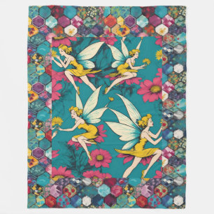 Magical Fairies And Floral Hexagon Patchwork Fleece Blanket