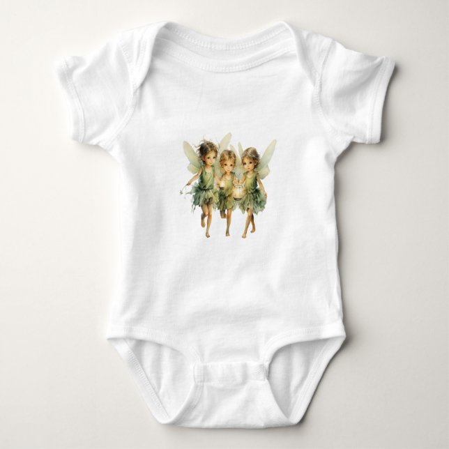  Magical Fairies Wearing Green Dresses, Lanterns Baby Bodysuit (Front)