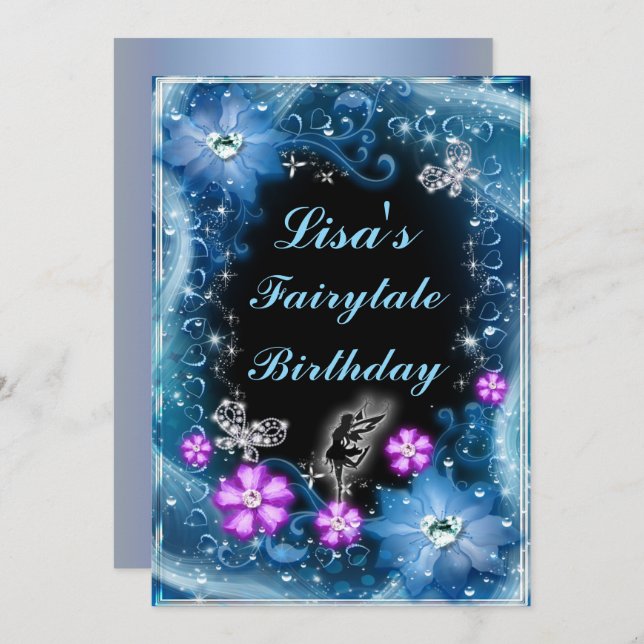 Magical Fairy And Butterflies Blue Floral Birthday Invitation (Front/Back)