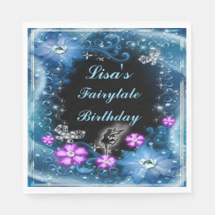 Magical Fairy And Butterflies Blue Floral Birthday Napkin