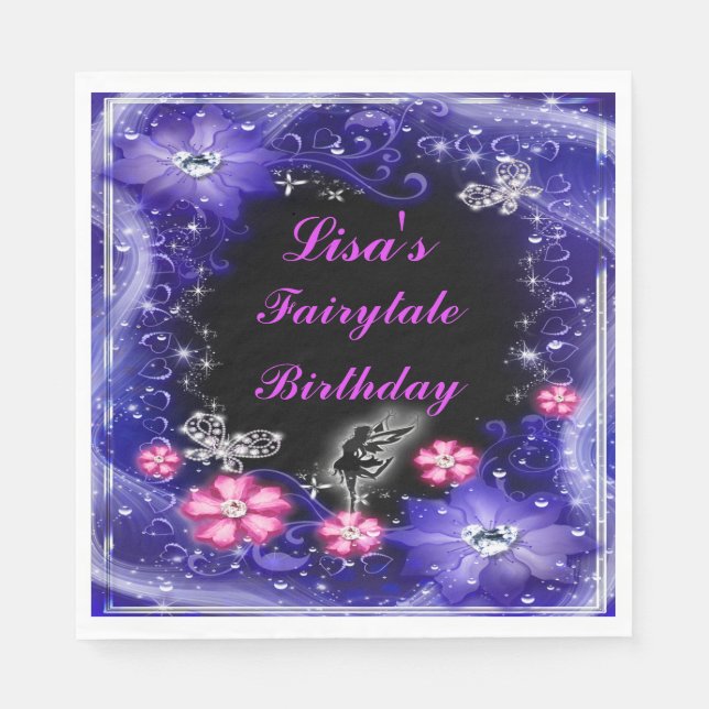 Magical Fairy And Butterflies Purple Floral Napkin (Front)