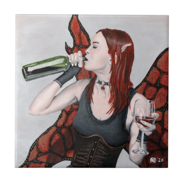 Magical Fairy Drinking Wine Fantasy Ceramic Tile (Front)