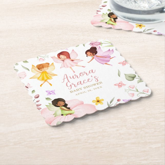 Magical Fairy Enchanted Garden Pink Baby Shower Paper Coaster (Angled)