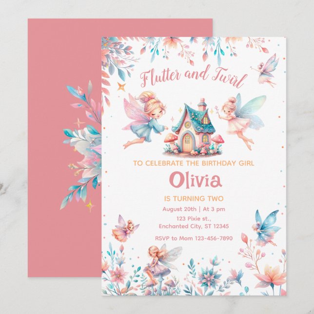 Magical Fairy Floral Garden Girl Birthday Party Invitation (Front/Back)