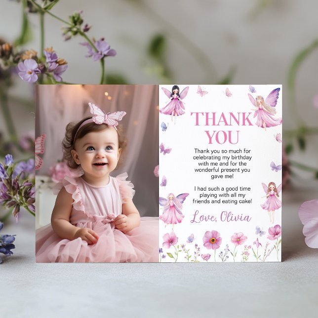 Magical Fairy Floral Garden Pastel Birthday Photo Thank You Card (Creator Uploaded)